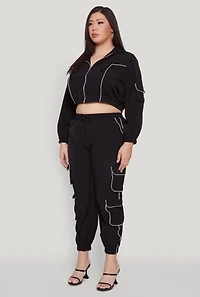 Womens Plus Cargo Pocket Sleeve Cropped Track Jacket, 1X