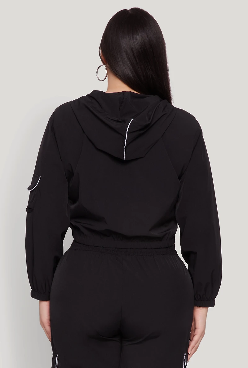 Womens Plus Cargo Pocket Sleeve Cropped Track Jacket,