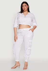 Womens Plus Size Cargo Pocket Sleeve Cropped Track Jacket, White, Size 2X