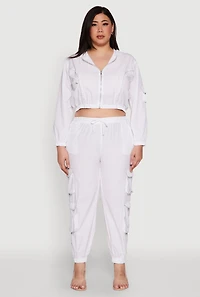 Womens Plus Size Cargo Pocket Sleeve Cropped Track Jacket, White, Size 2X