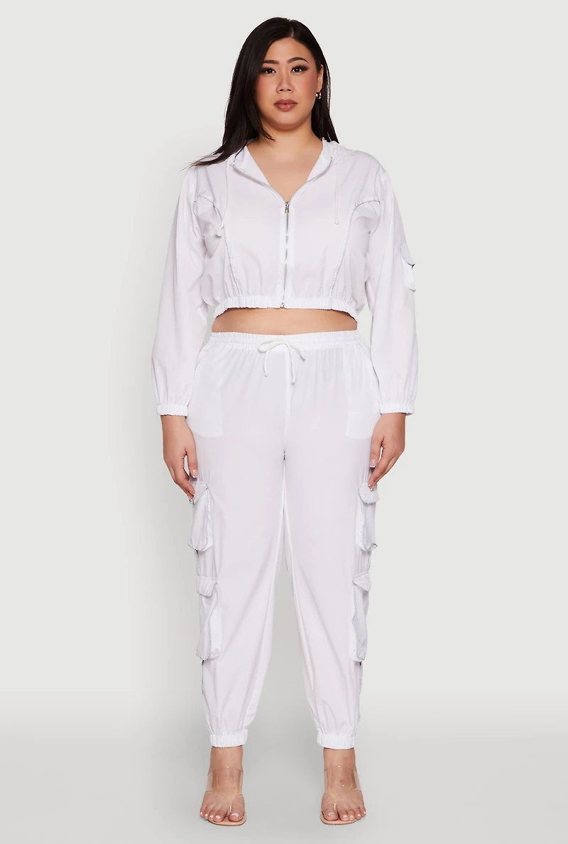 Plus Cargo Pocket Sleeve Cropped Track Jacket