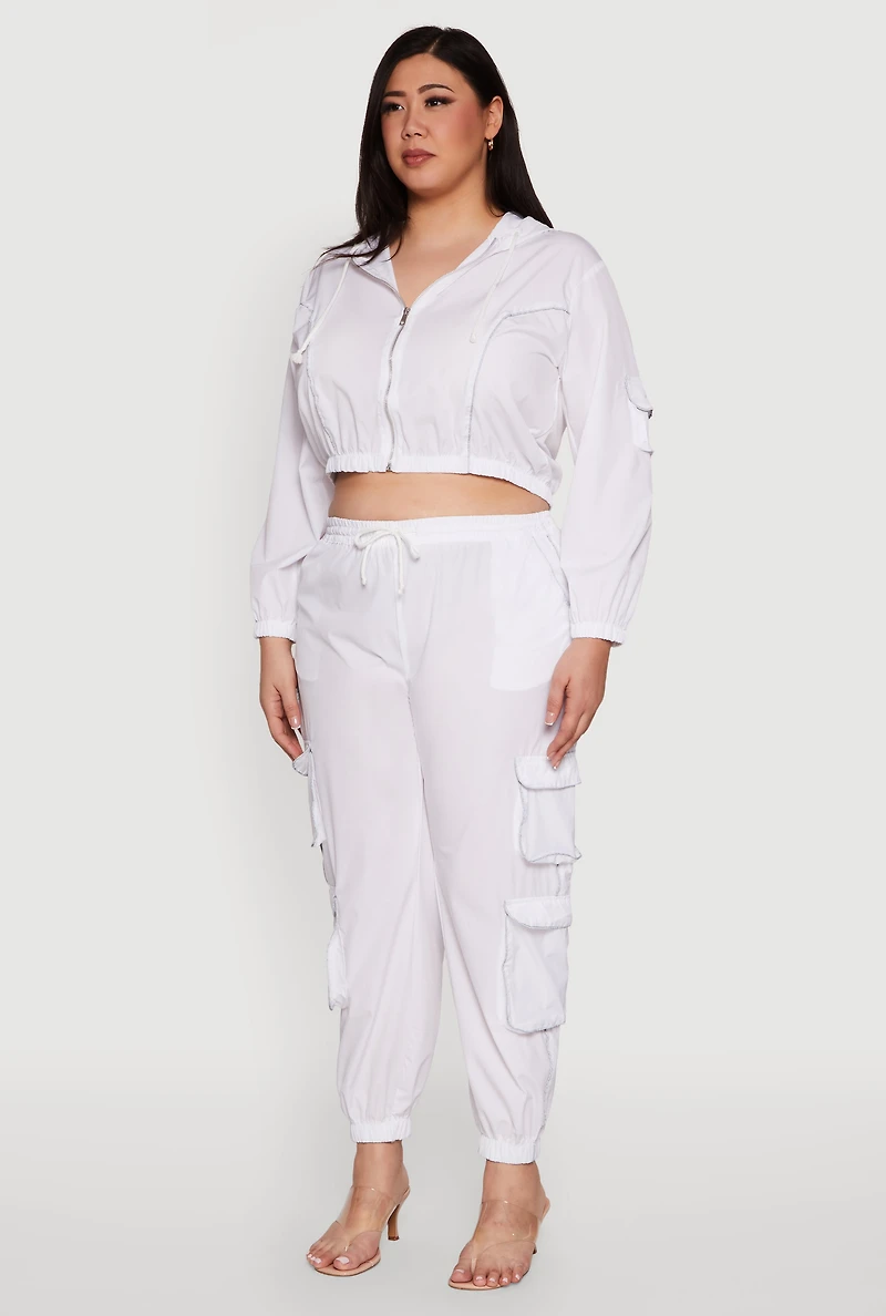 Womens Plus Size Cargo Pocket Sleeve Cropped Track Jacket, White, Size 2X