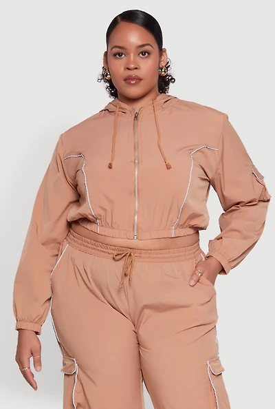 Womens Plus Cargo Pocket Sleeve Cropped Track Jacket,