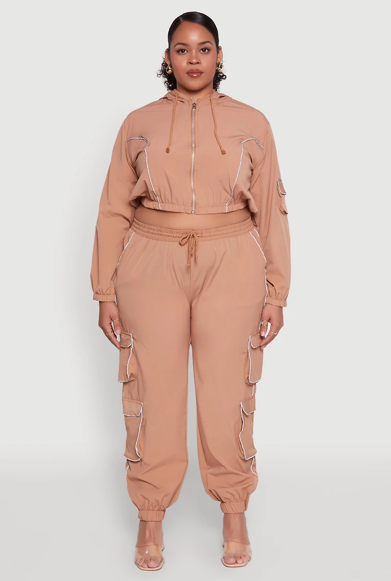 Womens Plus Cargo Pocket Sleeve Cropped Track Jacket,