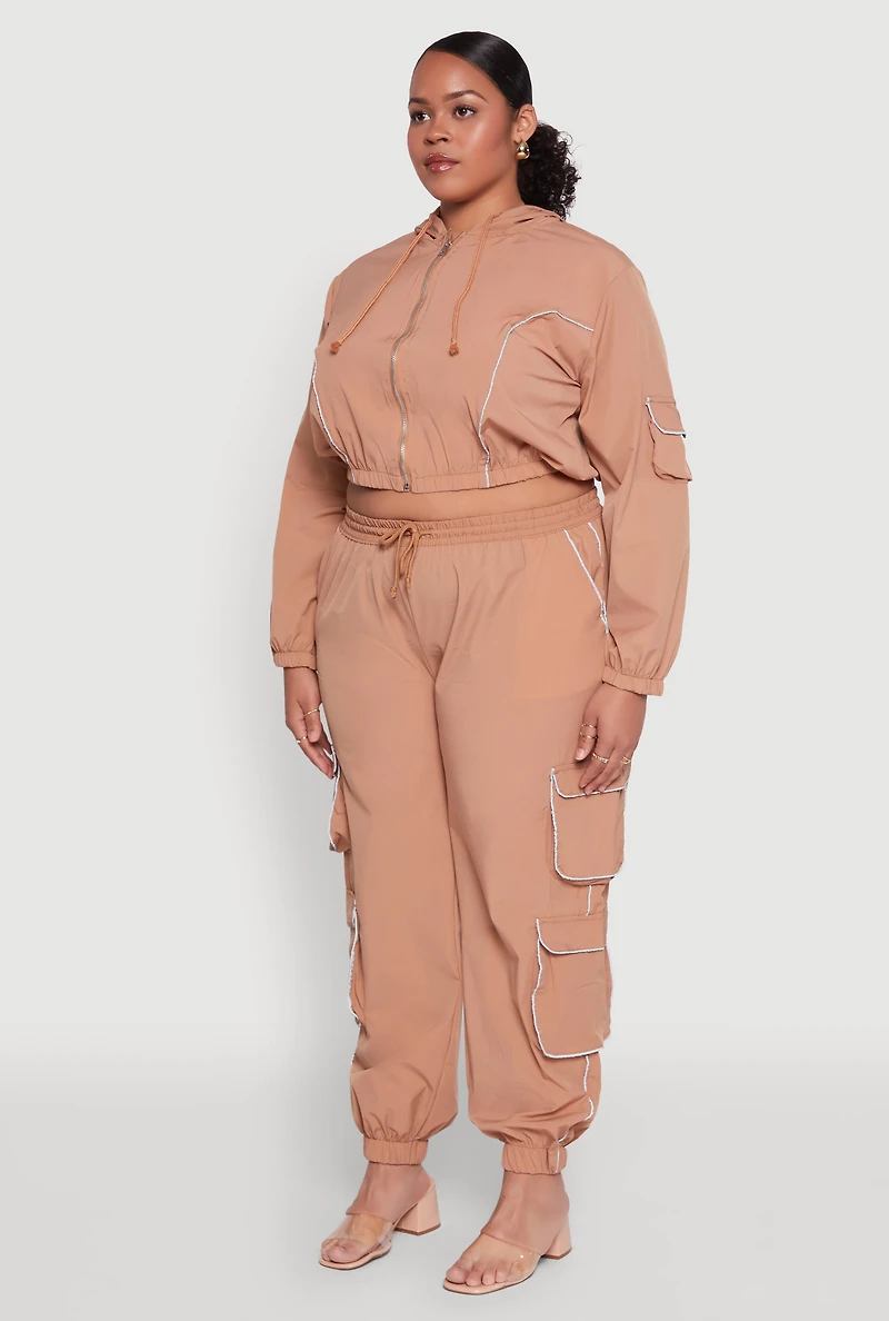 Womens Plus Size Cargo Pocket Sleeve Cropped Track Jacket, Brown, Size 2X