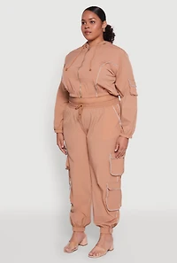 Womens Plus Size Cargo Pocket Sleeve Cropped Track Jacket, Brown, Size 2X