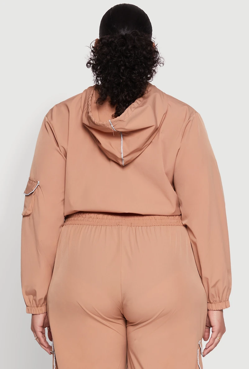Womens Plus Cargo Pocket Sleeve Cropped Track Jacket,
