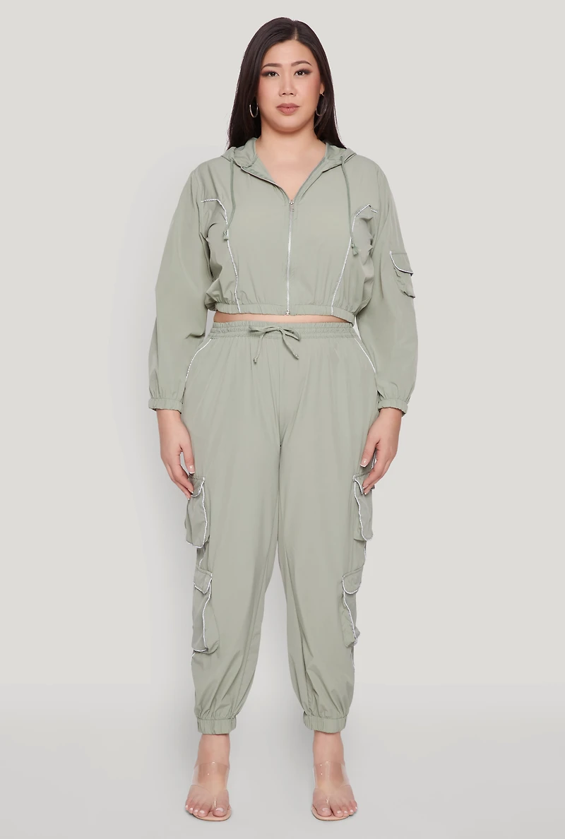 Womens Plus Size Cargo Pocket Sleeve Cropped Track Jacket, Green, Size 3X