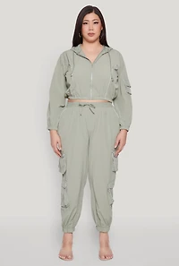 Womens Plus Size Cargo Pocket Sleeve Cropped Track Jacket, Green, Size 3X