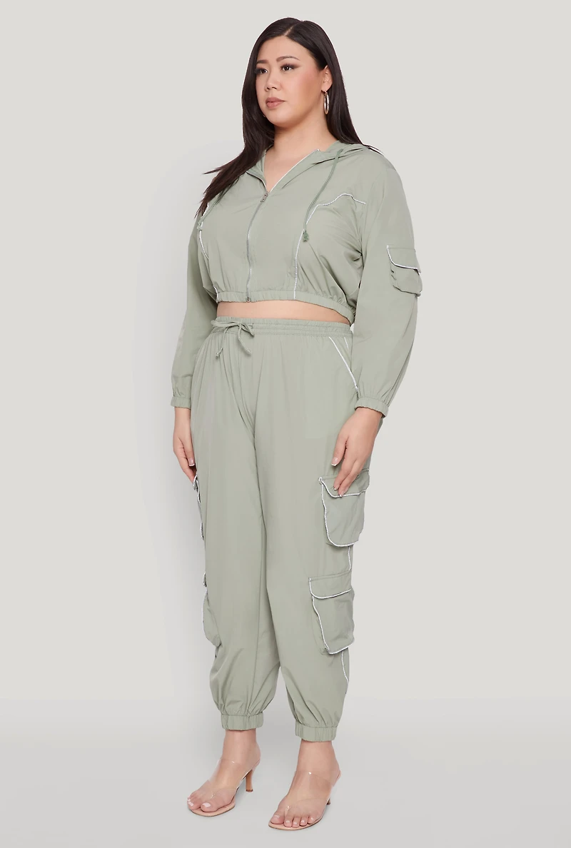 Womens Plus Size Cargo Pocket Sleeve Cropped Track Jacket, Green, Size 3X