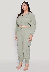 Womens Plus Size Cargo Pocket Sleeve Cropped Track Jacket, Green, Size 3X