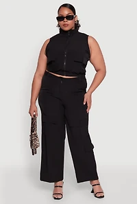 Womens Plus Sleeveless Utility Zip Front Top,