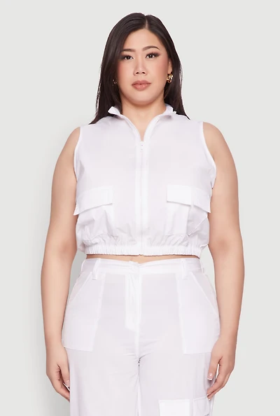 Womens Plus Size Sleeveless Utility Zip Front Top, White, Size 2X