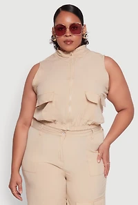 Womens Plus Size Sleeveless Utility Zip Front Top, Beige, Size 2X