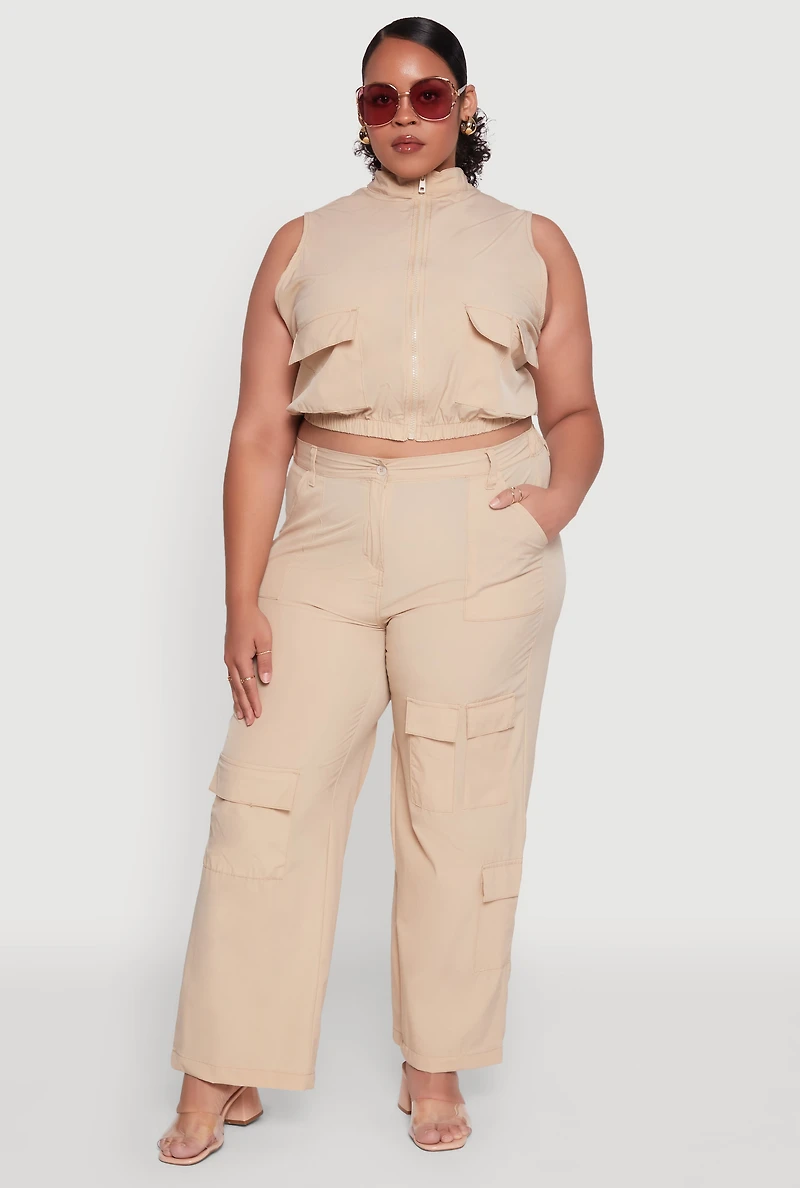 Womens Plus Size Sleeveless Utility Zip Front Top, Beige, Size 2X