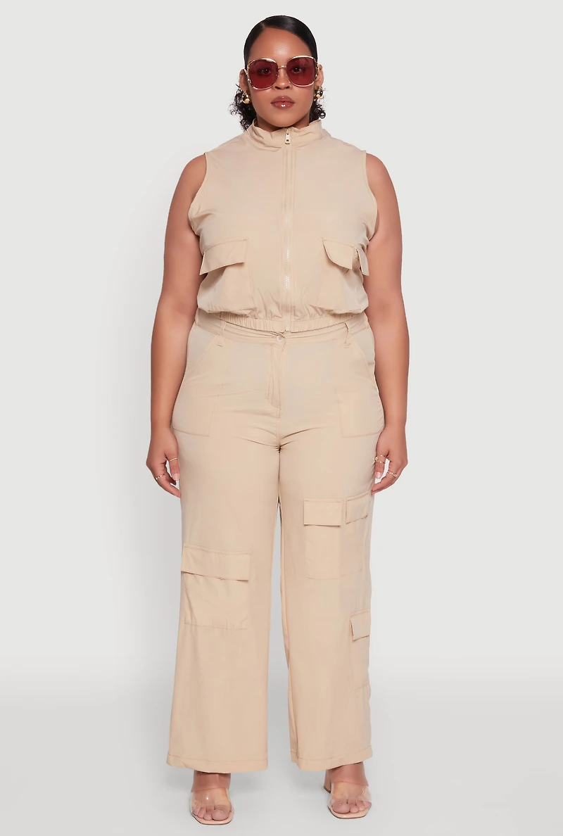 Womens Plus Size Sleeveless Utility Zip Front Top, Beige, Size 2X