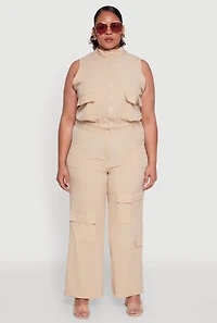 Womens Plus Size Sleeveless Utility Zip Front Top, Beige, Size 2X