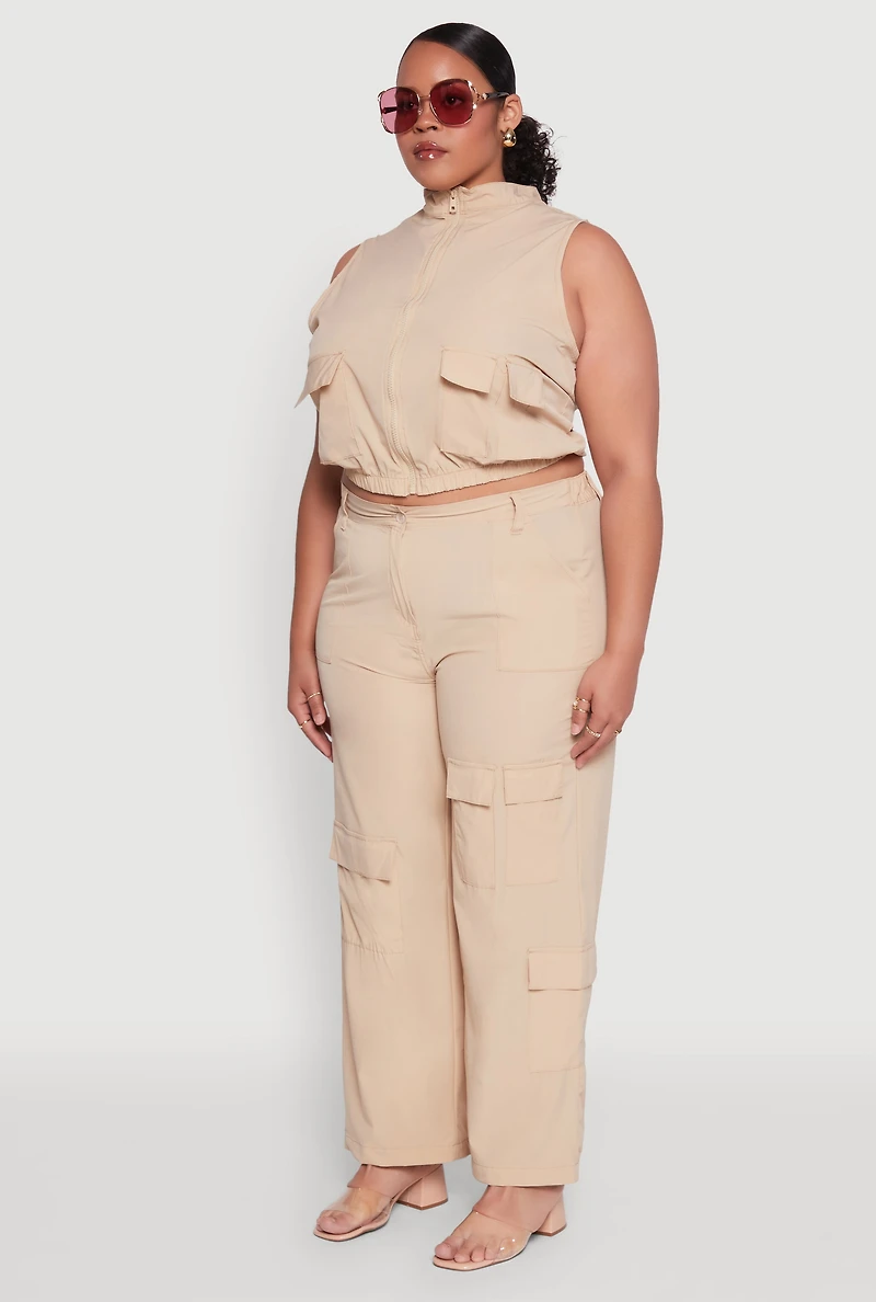 Womens Plus Size Sleeveless Utility Zip Front Top, Beige, Size 2X