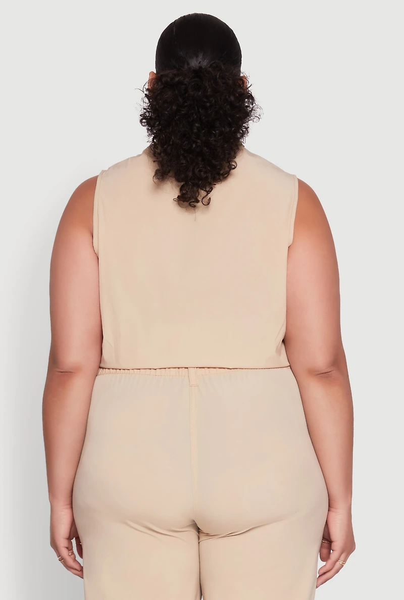 Womens Plus Size Sleeveless Utility Zip Front Top, Beige, Size 2X