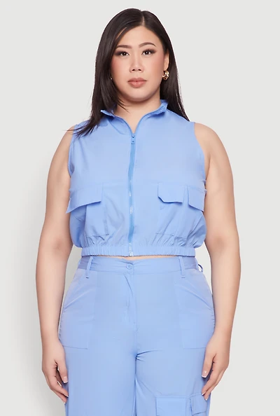 Womens Plus Size Sleeveless Utility Zip Front Top, Blue, Size 1X