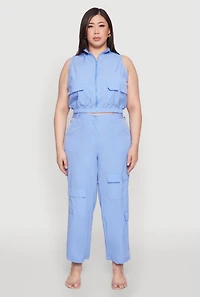Womens Plus Size Sleeveless Utility Zip Front Top, Blue, Size 2X