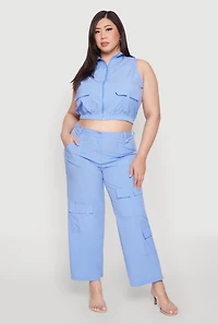 Womens Plus Size Sleeveless Utility Zip Front Top, Blue, Size 2X