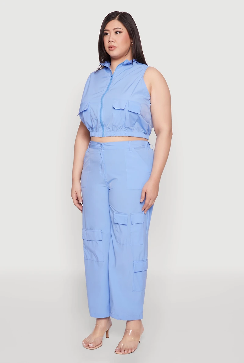 Womens Plus Size Sleeveless Utility Zip Front Top, Blue, Size 2X