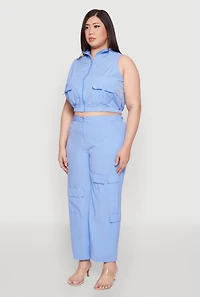 Womens Plus Size Sleeveless Utility Zip Front Top, Blue, Size 2X