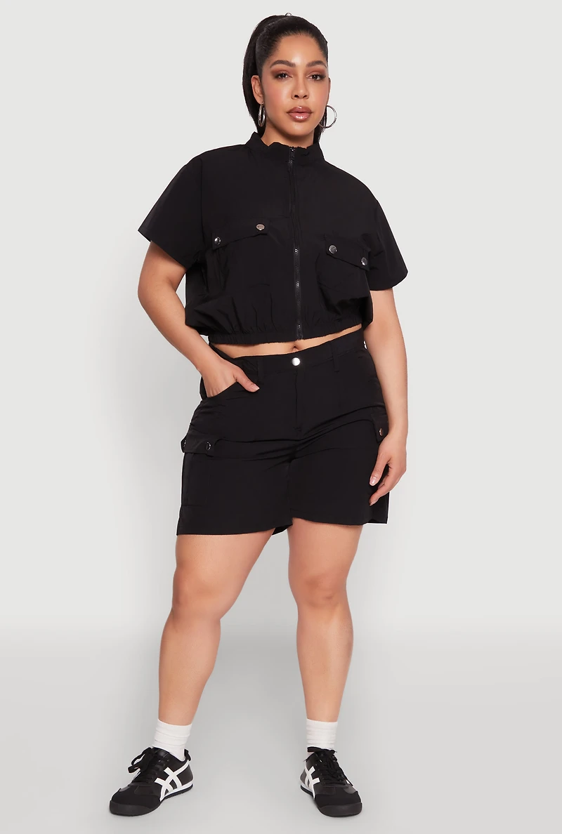 Womens Plus High Waisted Cargo Pocket Shorts,