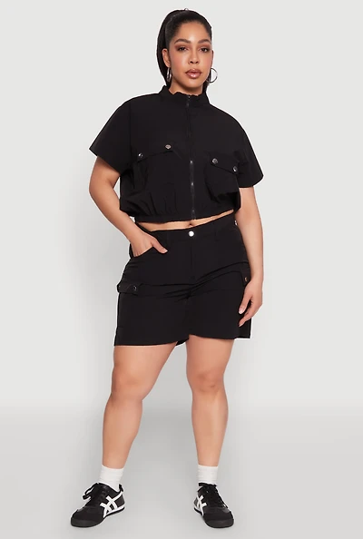 Womens Plus High Waisted Cargo Pocket Shorts,