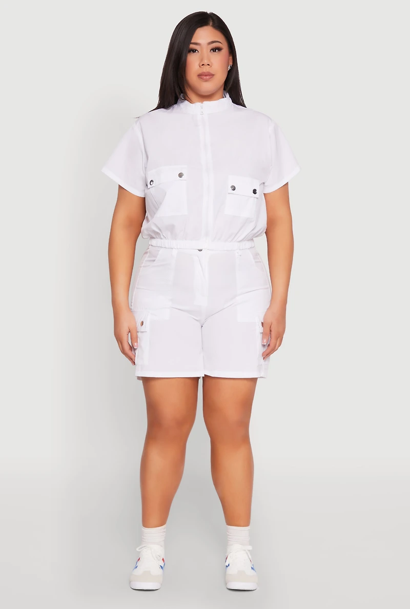 Womens Plus High Waisted Cargo Pocket Shorts, White,