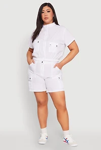 Womens Plus High Waisted Cargo Pocket Shorts, White,