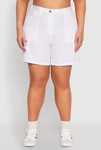 Womens Plus High Waisted Cargo Pocket Shorts, White,