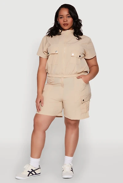 Womens Plus High Waisted Cargo Pocket Shorts,