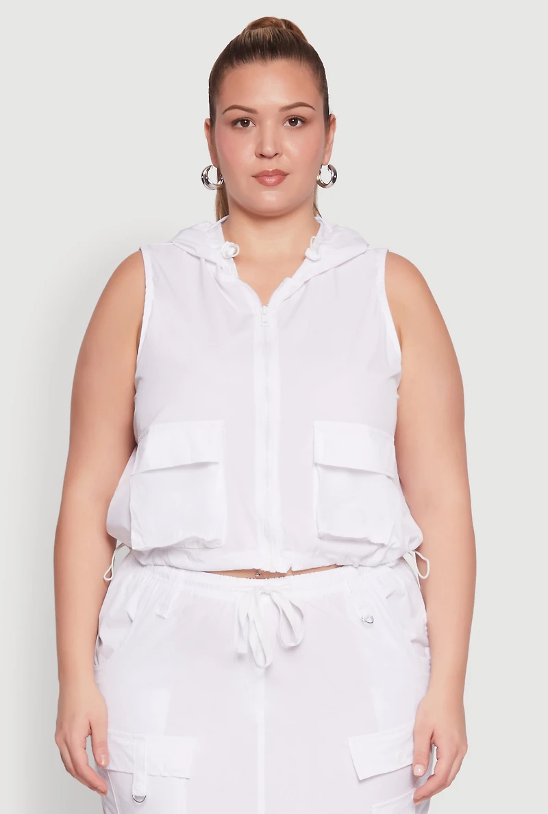 Womens Plus Size Cargo Pocket Windbreaker Vest, White, Size 1X
