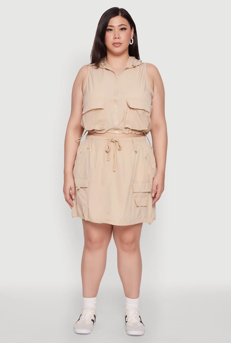 Womens Plus Size Cargo Pocket Windbreaker Vest, Beige, Size 1X