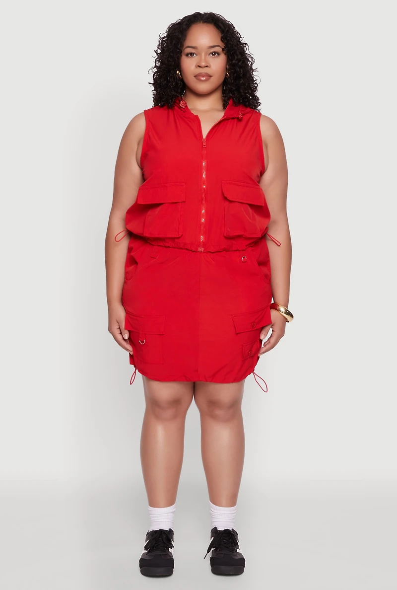 Womens Plus Size Cargo Pocket Windbreaker Vest, Red, Size 3X
