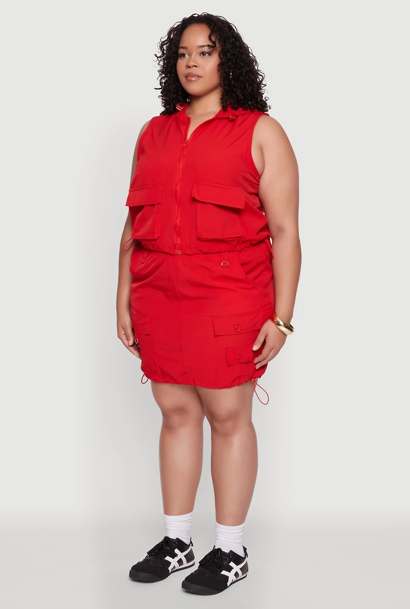 Womens Plus Size Cargo Pocket Windbreaker Vest, Red, Size 3X