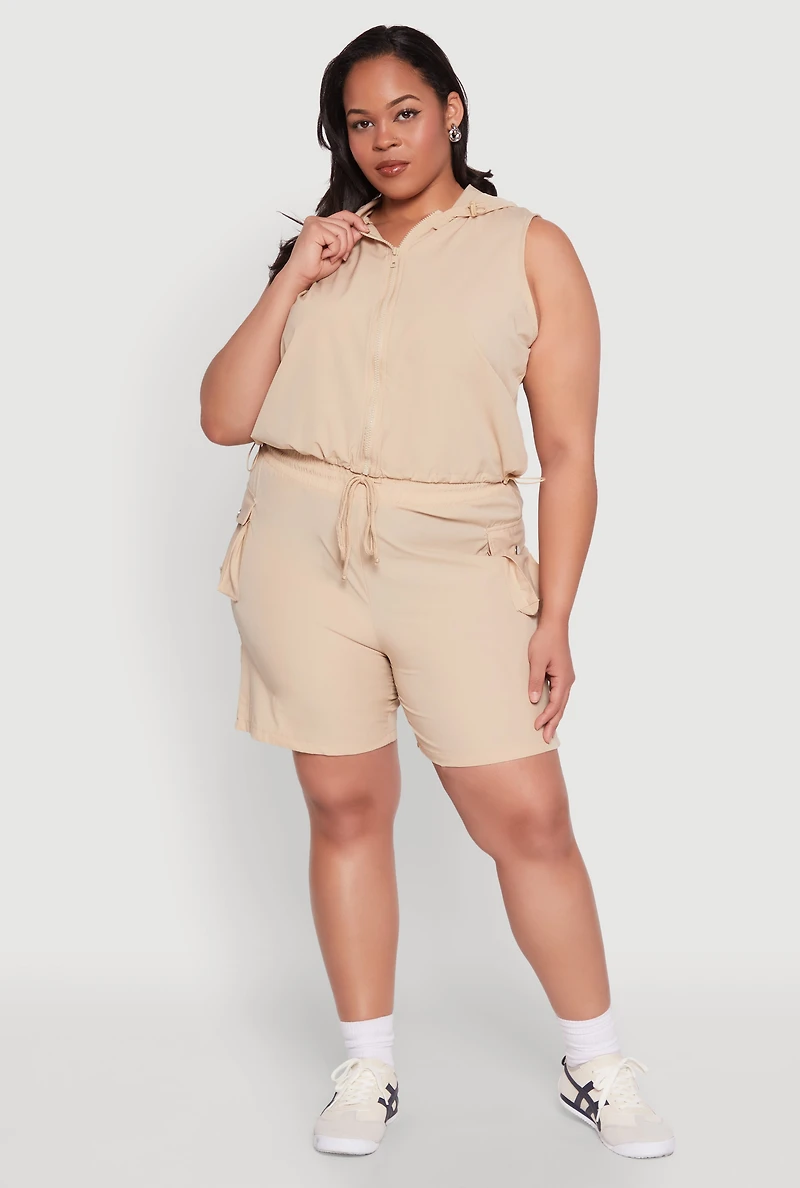 Womens Plus Zip Front Sleeveless Windbreaker Vest, Beige,