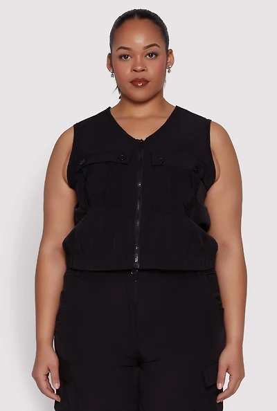 Womens Plus Size Nylon Utility Zip Front Vest, Black, Size 2X