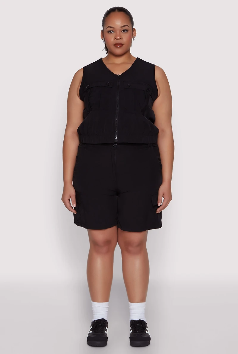 Womens Plus Size Nylon Utility Zip Front Vest, Black, Size 3X