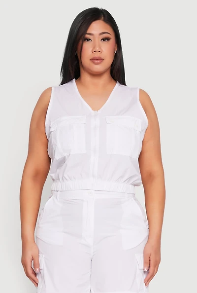 Womens Plus Size Nylon Utility Zip Front Vest, White, Size 1X