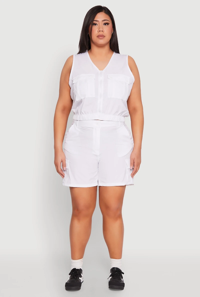 Womens Plus Size Nylon Utility Zip Front Vest, White, Size 1X