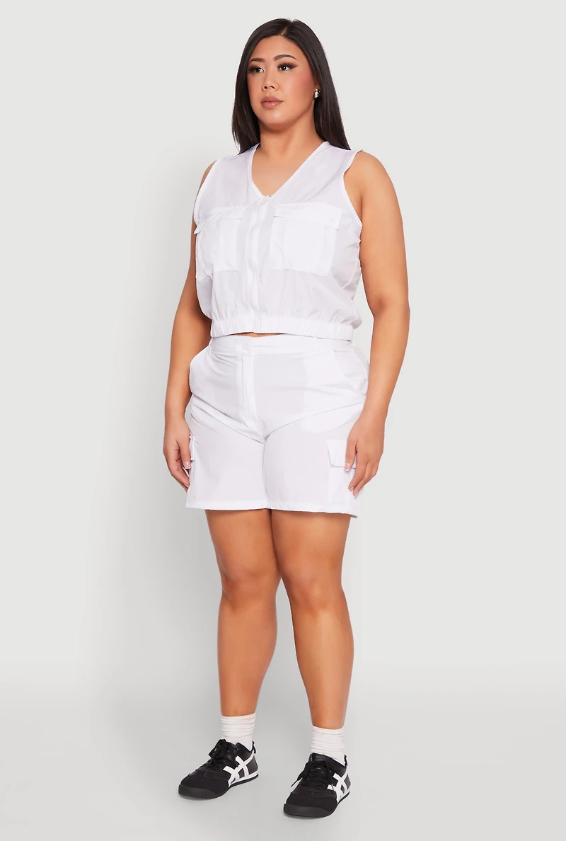 Womens Plus Size Nylon Utility Zip Front Vest, White, Size 1X