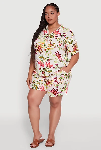 Plus Floral Print High Waisted Shorts with Drawstring Waist