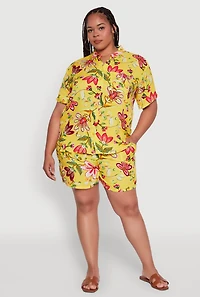 Womens Plus Size Floral Print High Waisted Shorts with Drawstring Waist, Multi, Size 2X