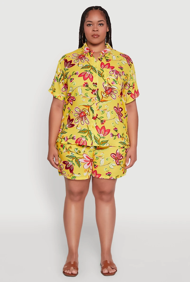 Womens Plus Size Floral Print High Waisted Shorts with Drawstring Waist, Multi, Size 2X