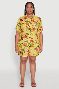 Womens Plus Size Floral Print High Waisted Shorts with Drawstring Waist, Multi, Size 2X