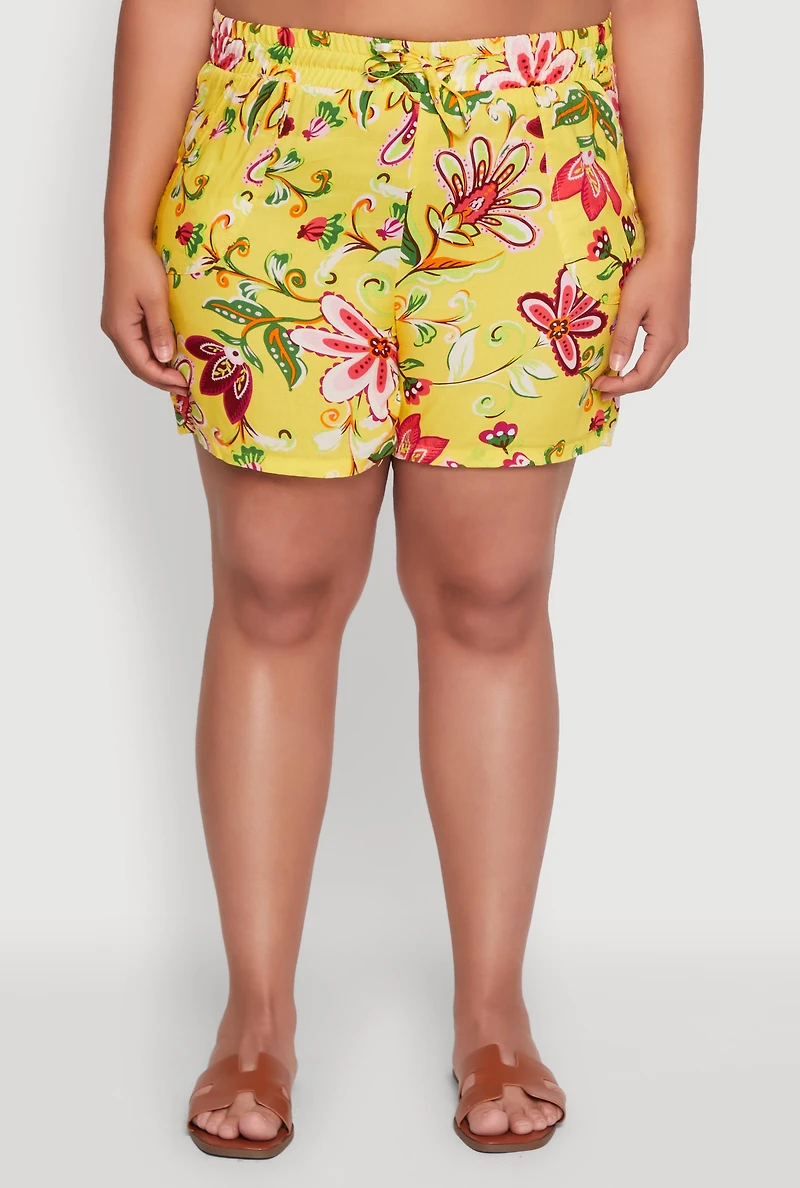 Womens Plus Size Floral Print High Waisted Shorts with Drawstring Waist, Multi, Size 2X