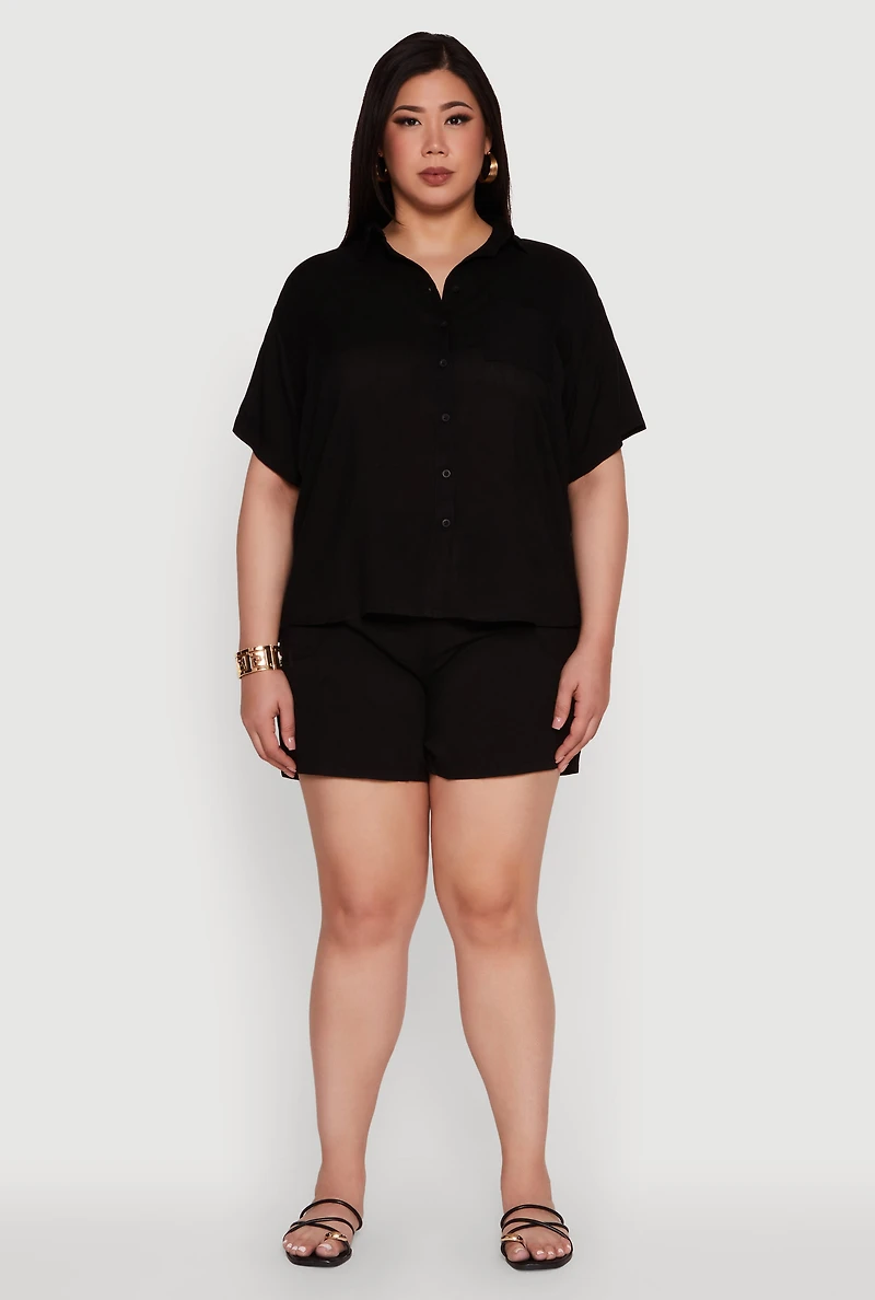 Womens Plus High Waisted Shorts with Pockets and Drawstring, Black,